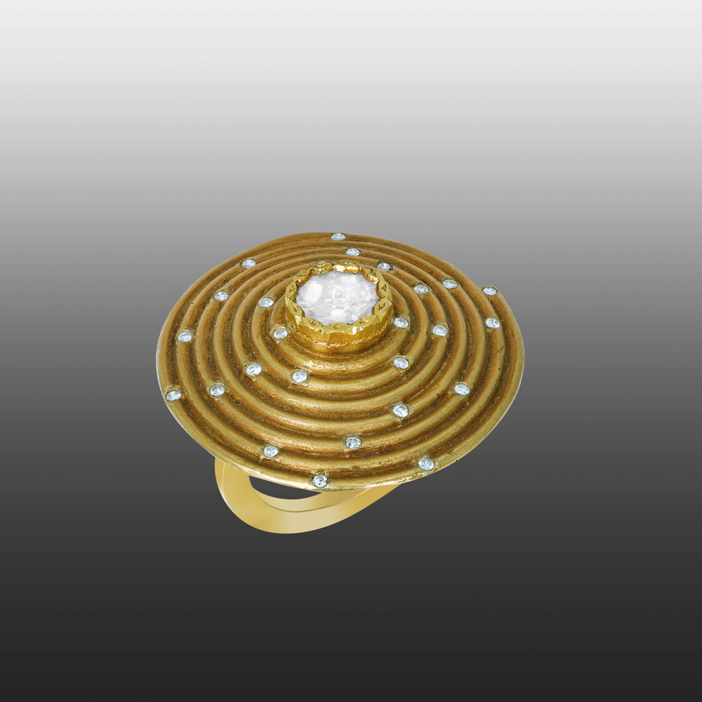 Gold Spiral Ring with Diamonds and Central Polki